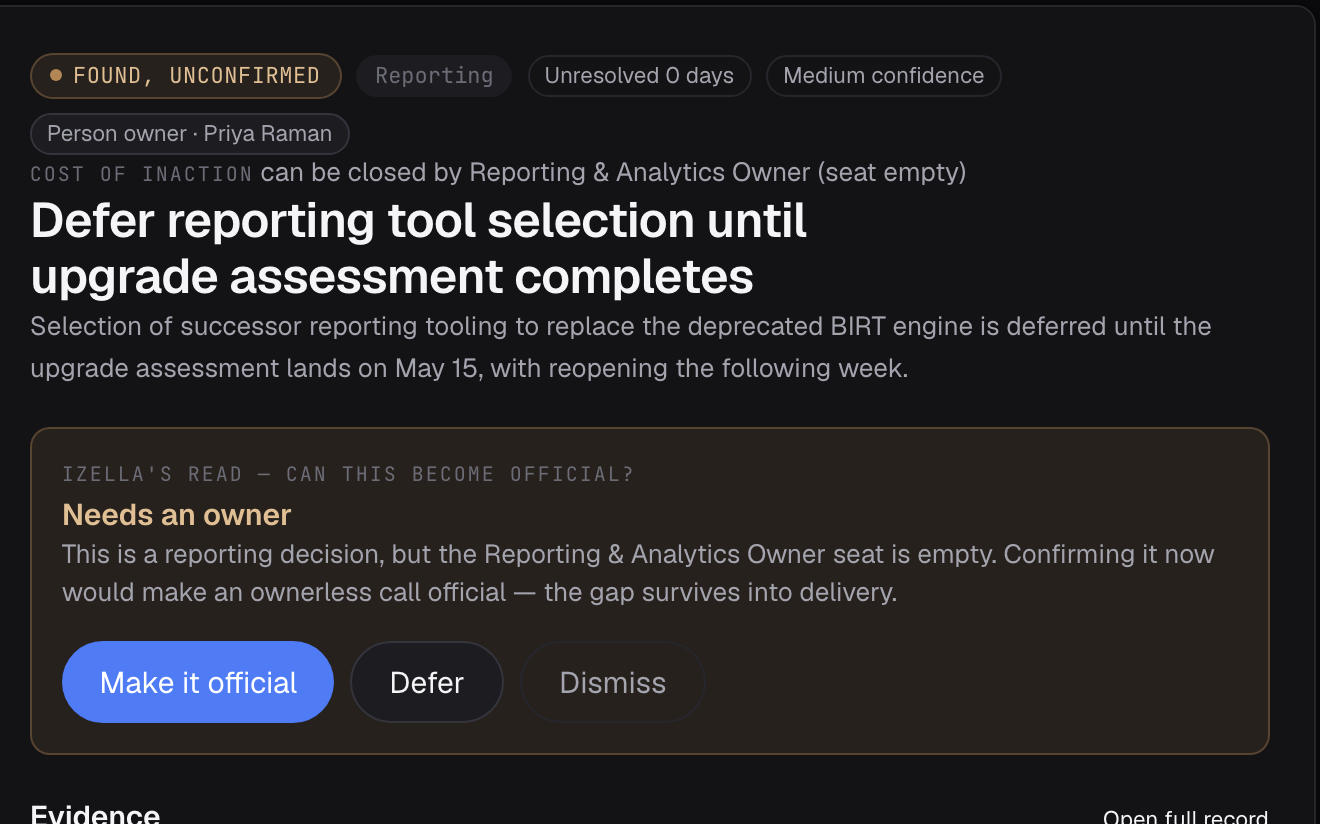 The Izella review queue proposing a decision with its quote attached and a confirm control